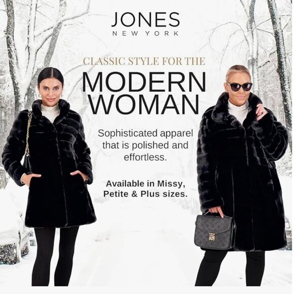 Jones New York Midi Black Faux Fur Coat - Large - Picture 4 of 4